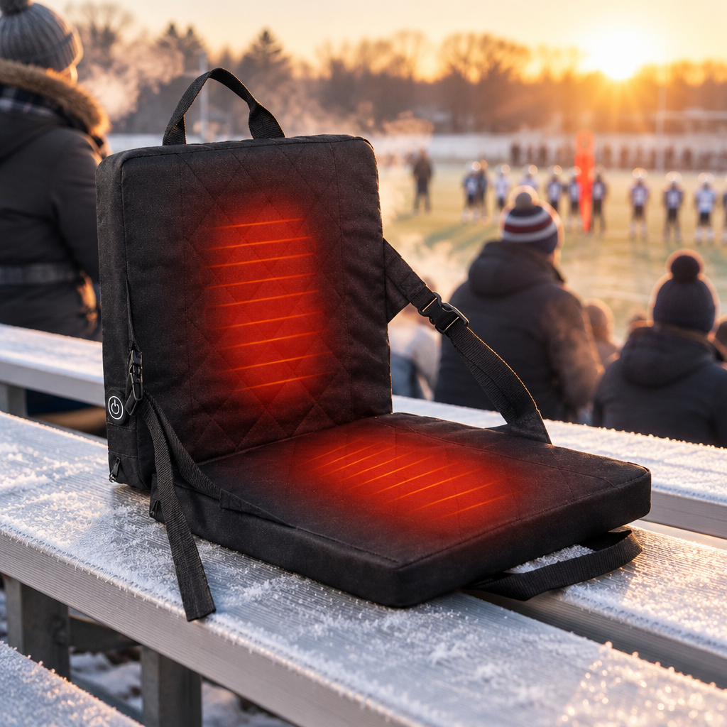 Heated seat on cold bleachers at a football game