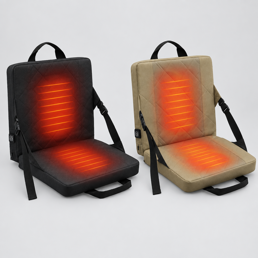 Heated stadium seat in black and khaki