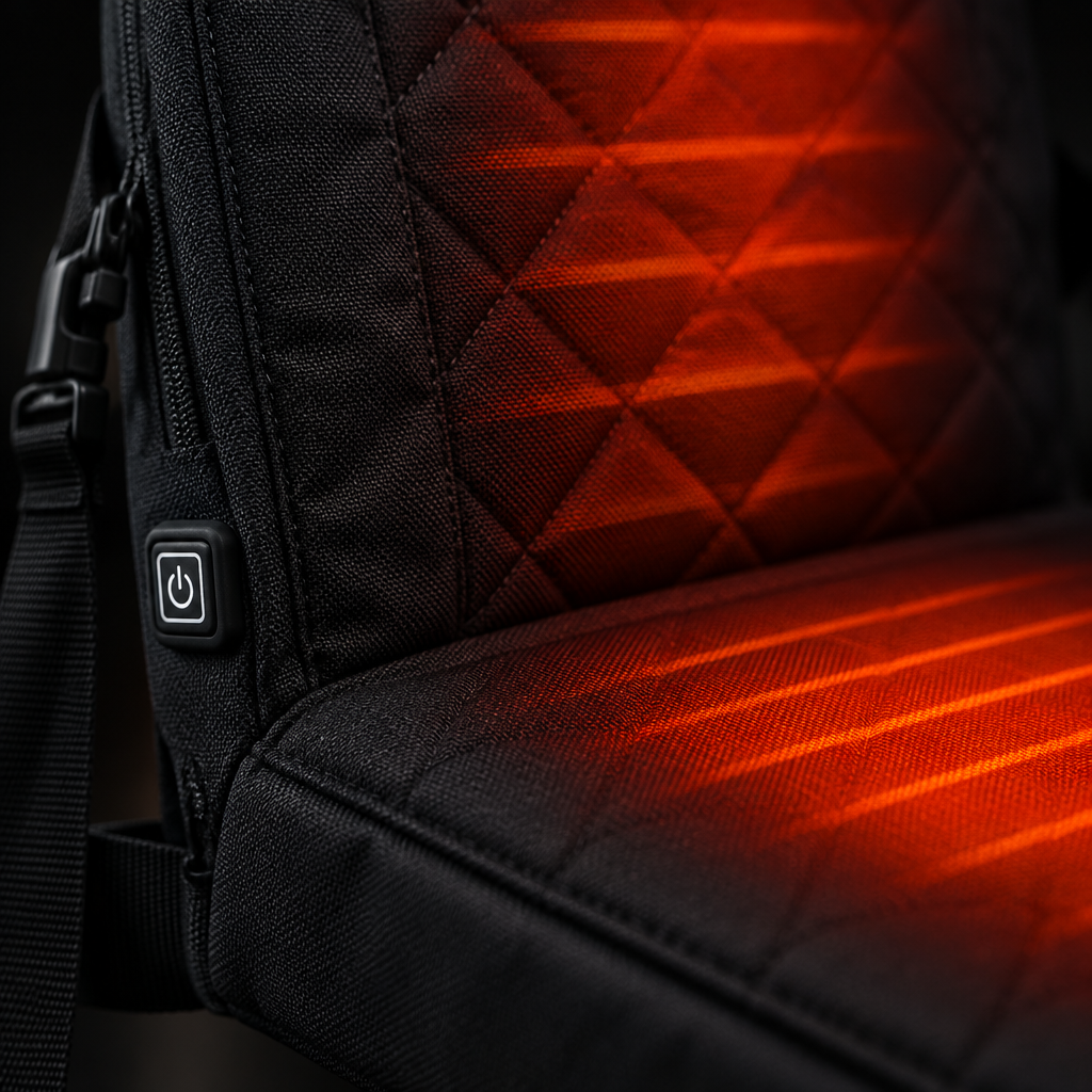 Quilted fabric and power button detail