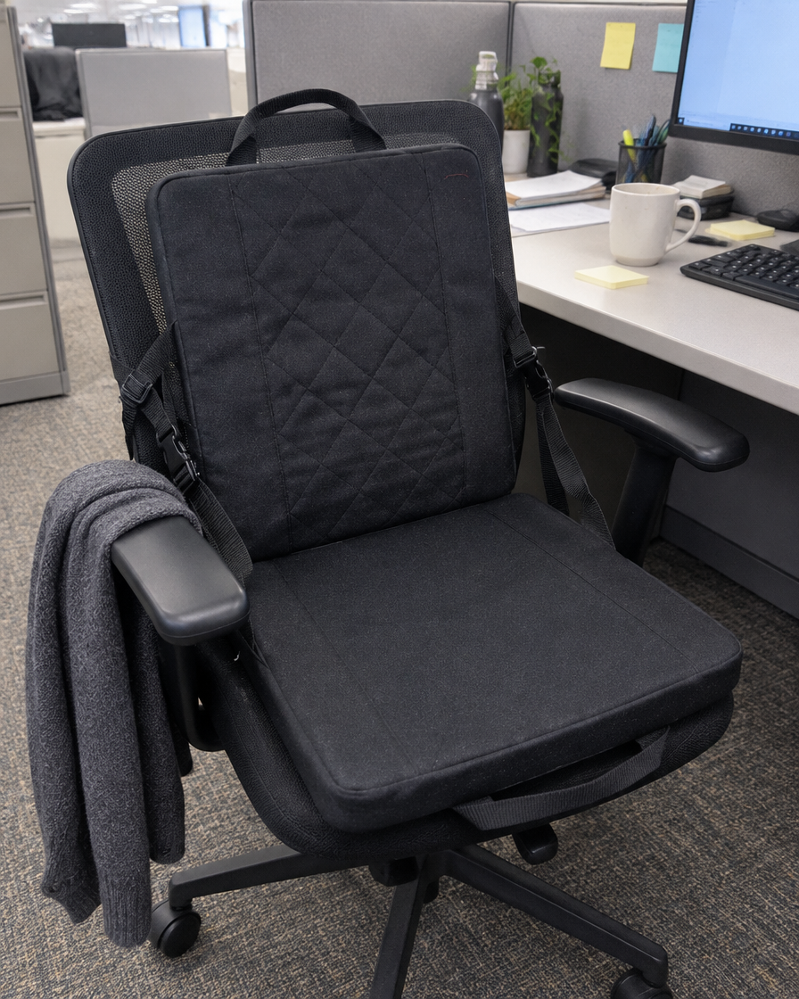 Heated seat strapped to an office chair