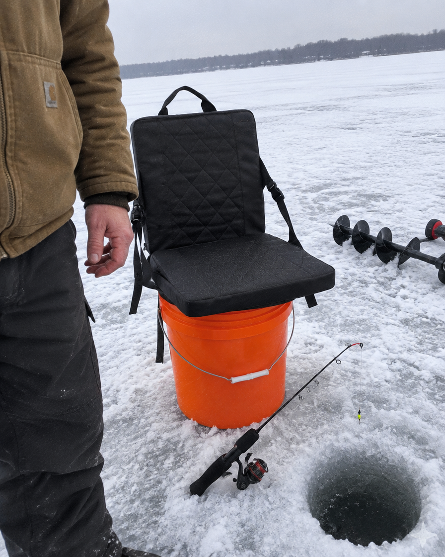 Heated seat for ice fishing on a bucket
