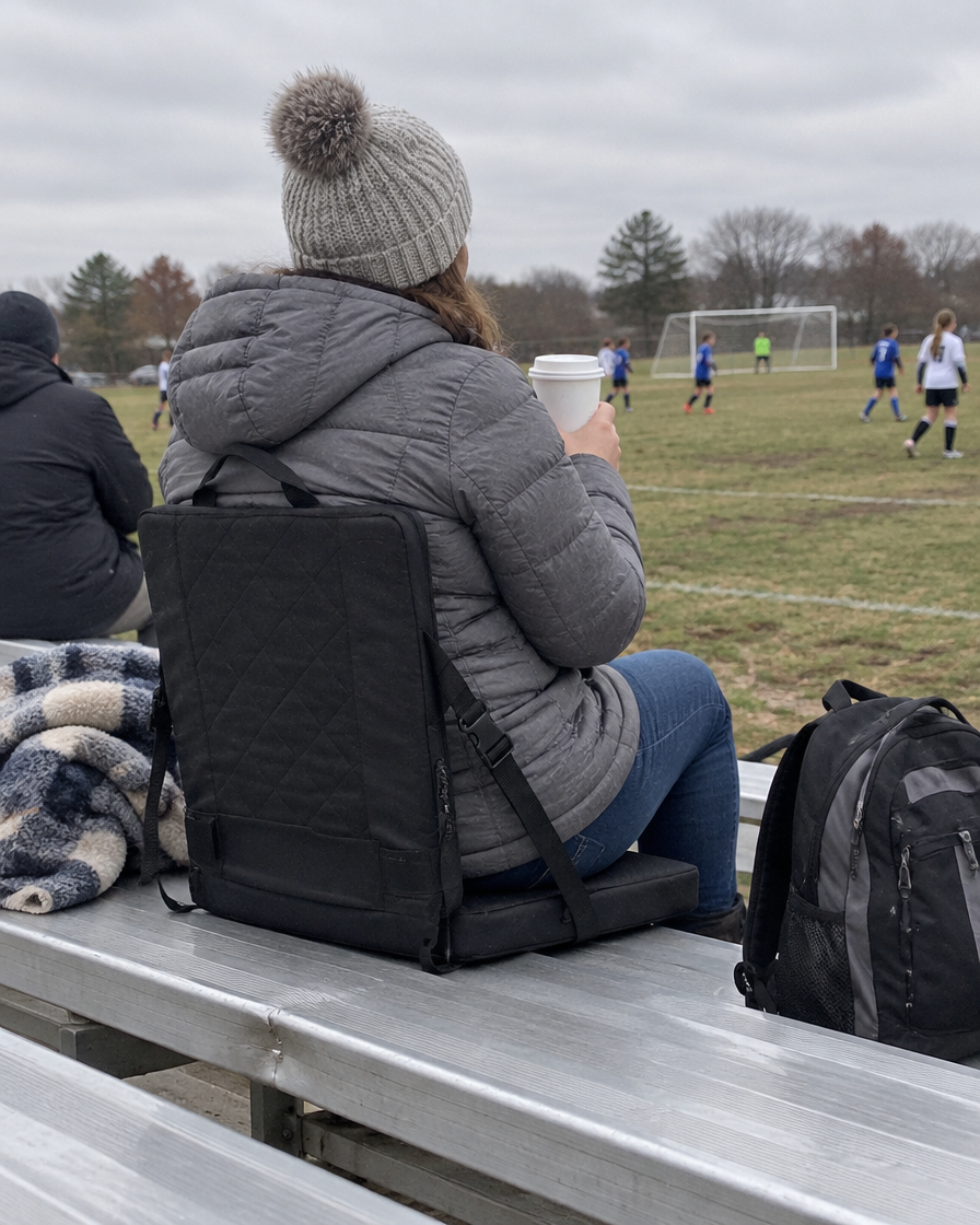 Mom sitting on heated seat at youth soccer game